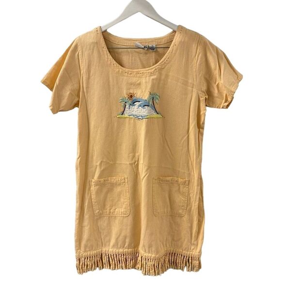Vintage Las Olas‎ Fringe T-shirt Mini Cover Up  Dolphins Palms Sun M creamsicle - Picture 1 of 6